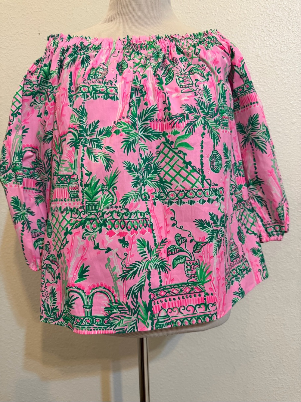 Lilly Pulitzer Pink & Green Off-Shoulder Tropical Print Blouse